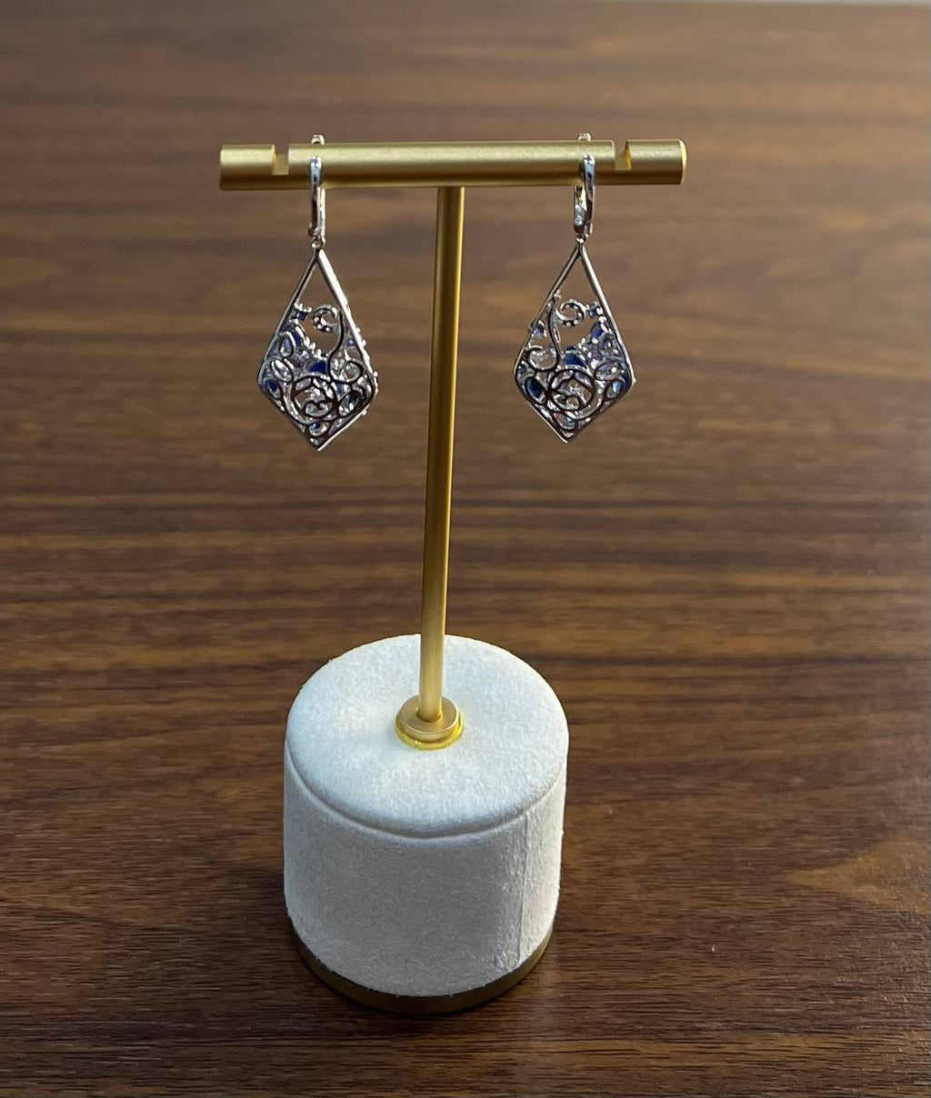 Blue Sapphire Topaz Diamond Pave Fancy 14K White Gold Dangle Statement Earrings