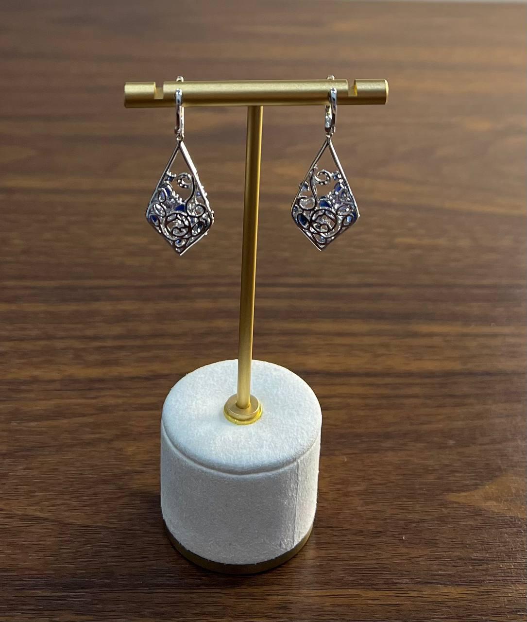 Blue Sapphire Topaz Diamond Pave Fancy 14K White Gold Dangle Statement Earrings