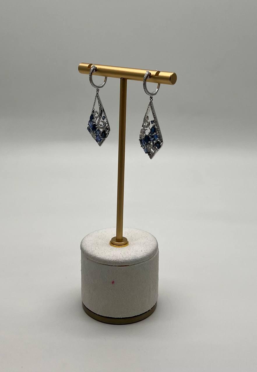 Blue Sapphire Topaz Diamond Pave Fancy 14K White Gold Dangle Statement Earrings