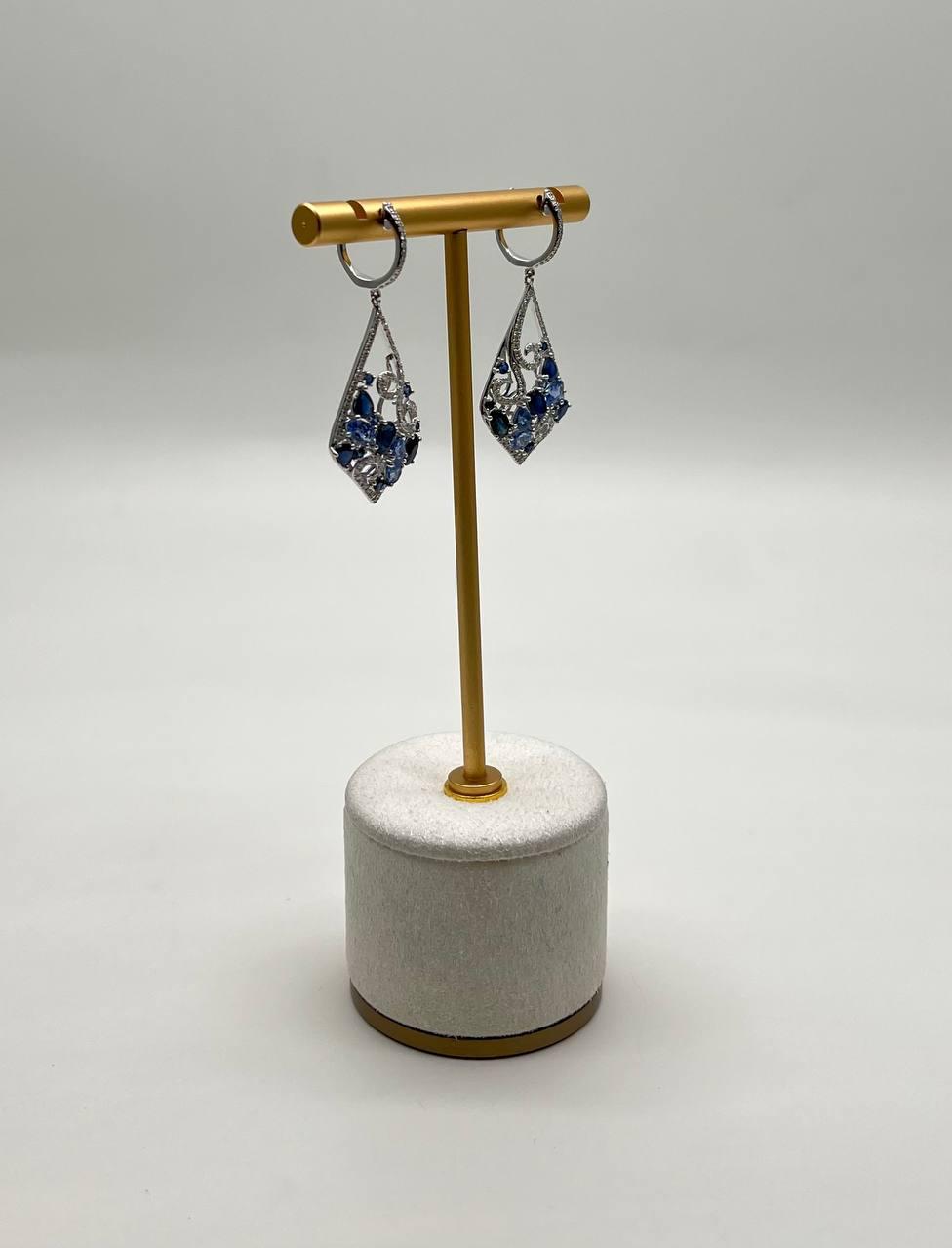 Blue Sapphire Topaz Diamond Pave Fancy 14K White Gold Dangle Statement Earrings