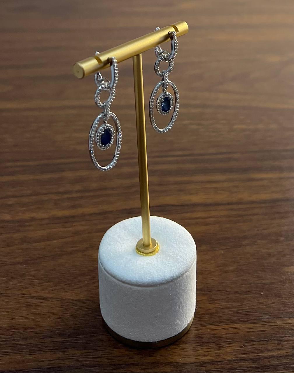 Oval Shape Blue Sapphire 14K White Gold Diamond Halo Drop Statement Earrings