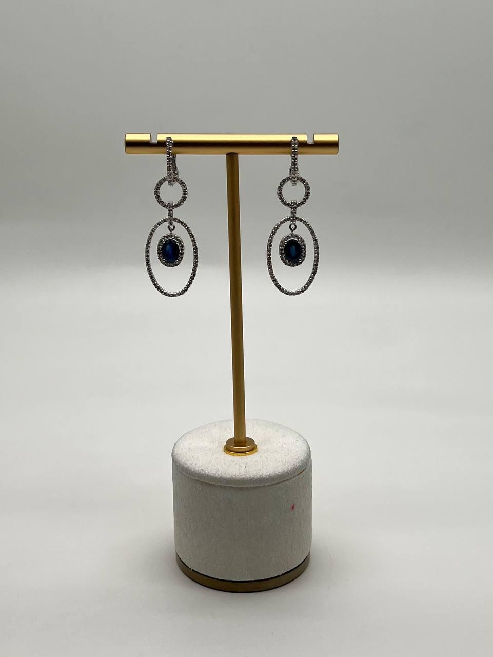 Oval Shape Blue Sapphire 14K White Gold Diamond Halo Drop Statement Earrings