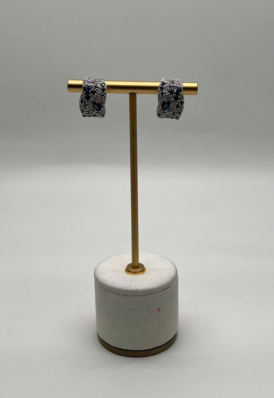 Blue Sapphires White Diamonds Cluster Pave Set 14K White Gold Huggie Earrings