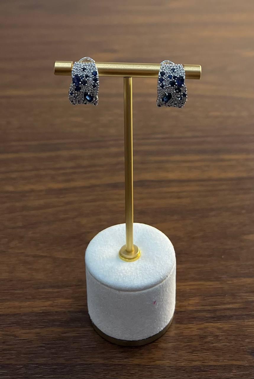 Blue Sapphires White Diamonds Cluster Pave Set 14K White Gold Huggie Earrings