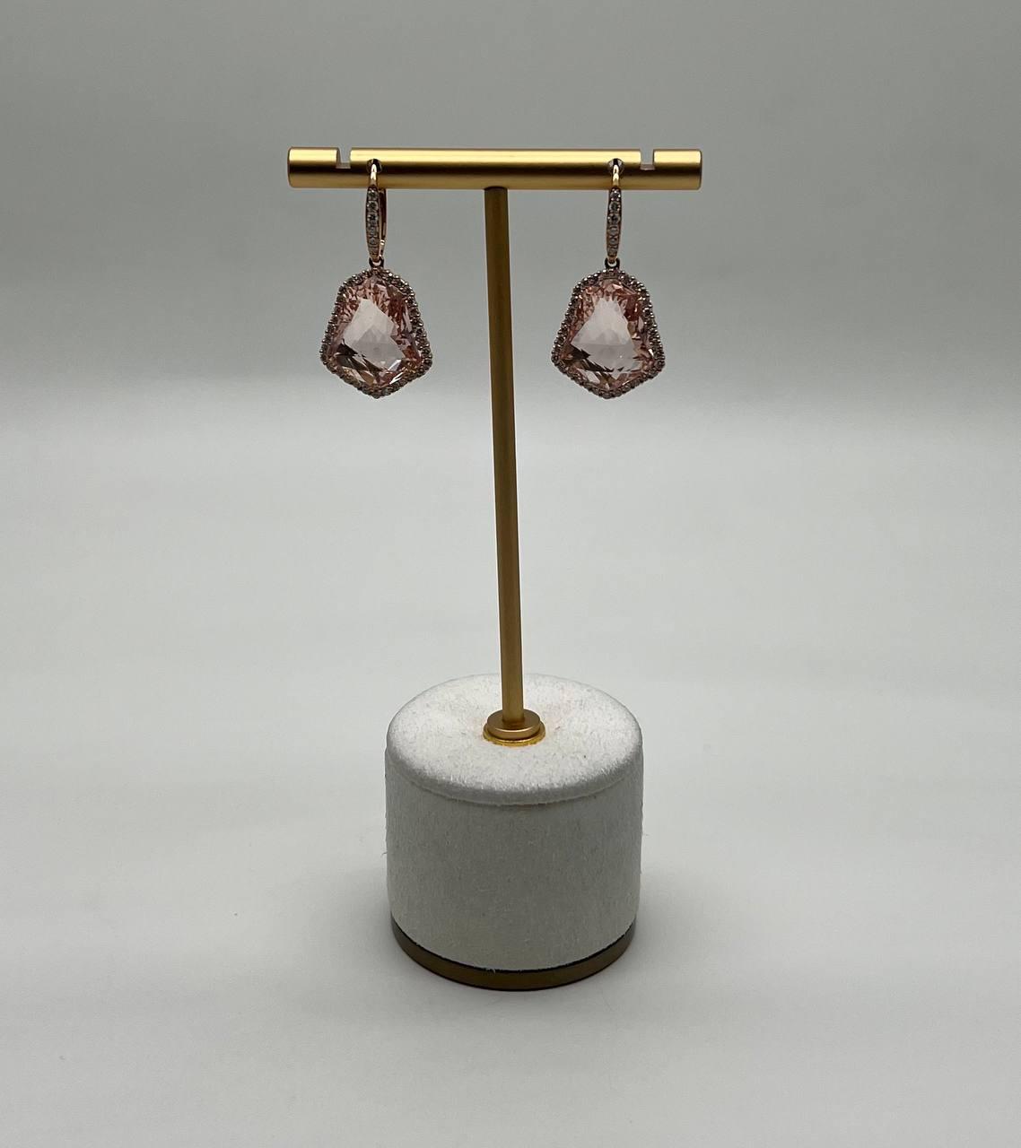 Shield Kite Shape Peach Pink Morganite Diamond Halo 18K Rose Gold Fancy Earrings