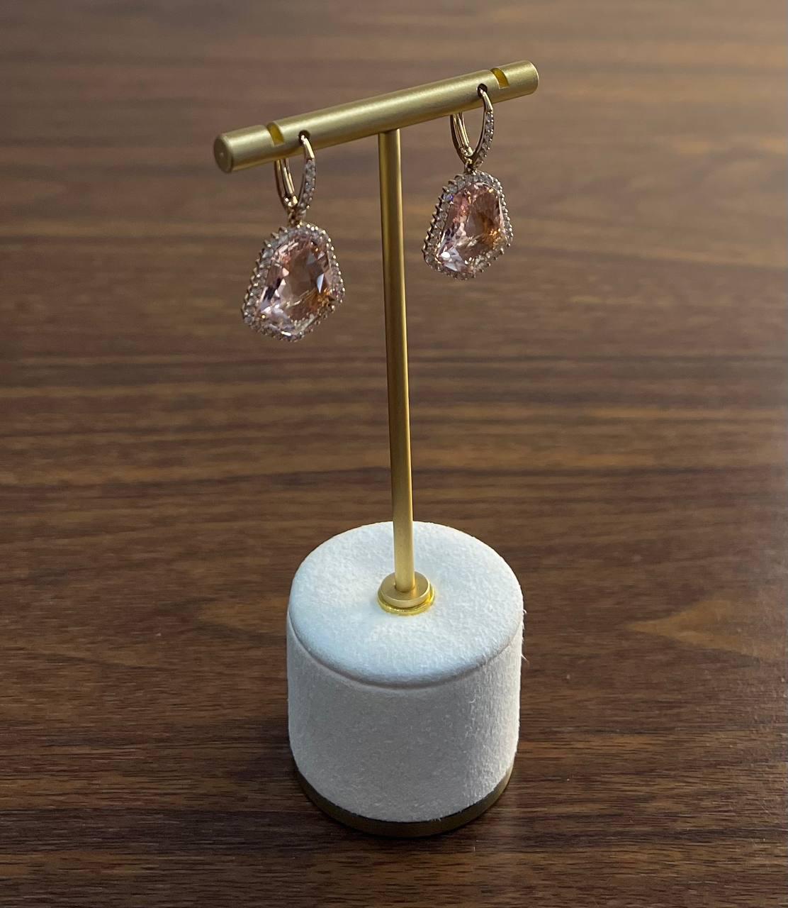 shield kite shape peach pink morganite diamond halo 18k rose gold fancy earrings
