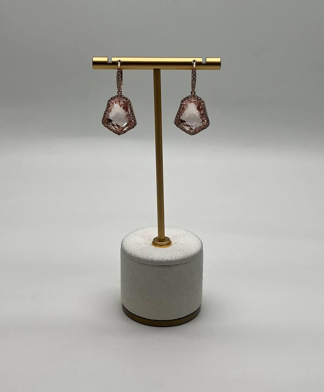 Shield Kite Shape Peach Pink Morganite Diamond Halo 18K Rose Gold Fancy Earrings