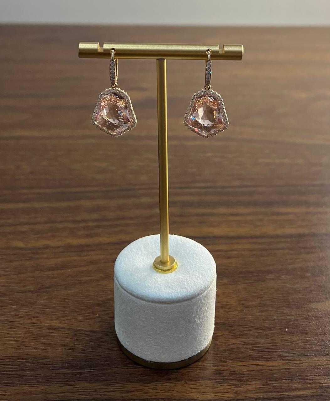 Shield Kite Shape Peach Pink Morganite Diamond Halo 18K Rose Gold Fancy Earrings