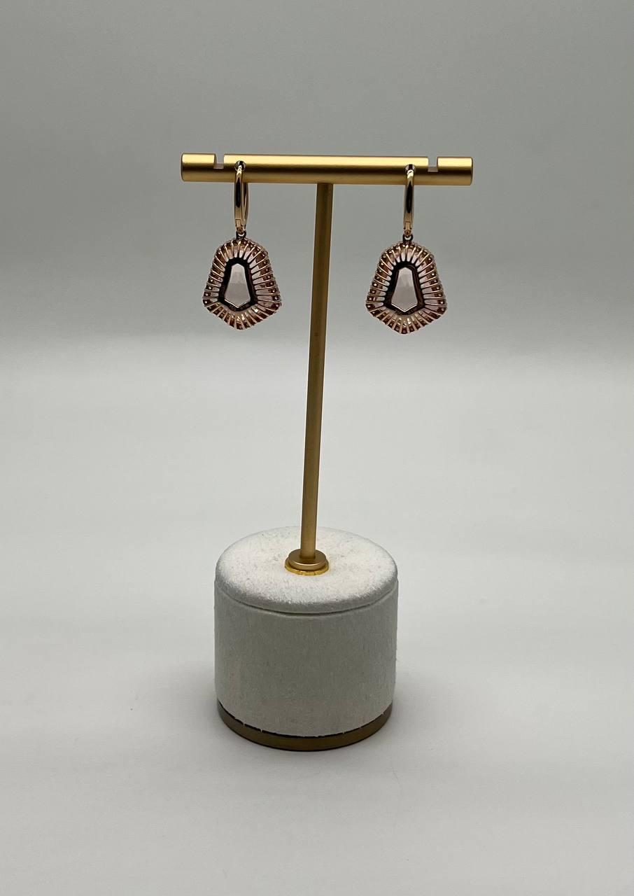 shield kite shape peach pink morganite diamond halo 18k rose gold fancy earrings