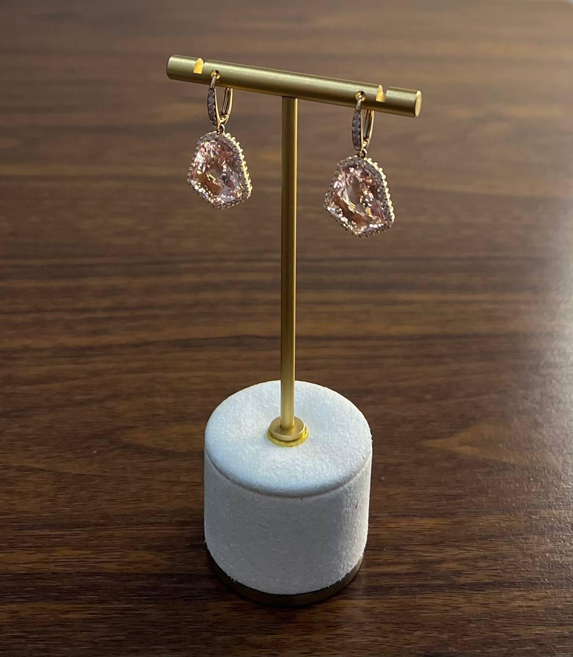 Shield Kite Shape Peach Pink Morganite Diamond Halo 18K Rose Gold Fancy Earrings