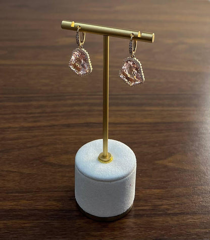 Shield Kite Shape Peach Pink Morganite Diamond Halo 18K Rose Gold Fancy Earrings
