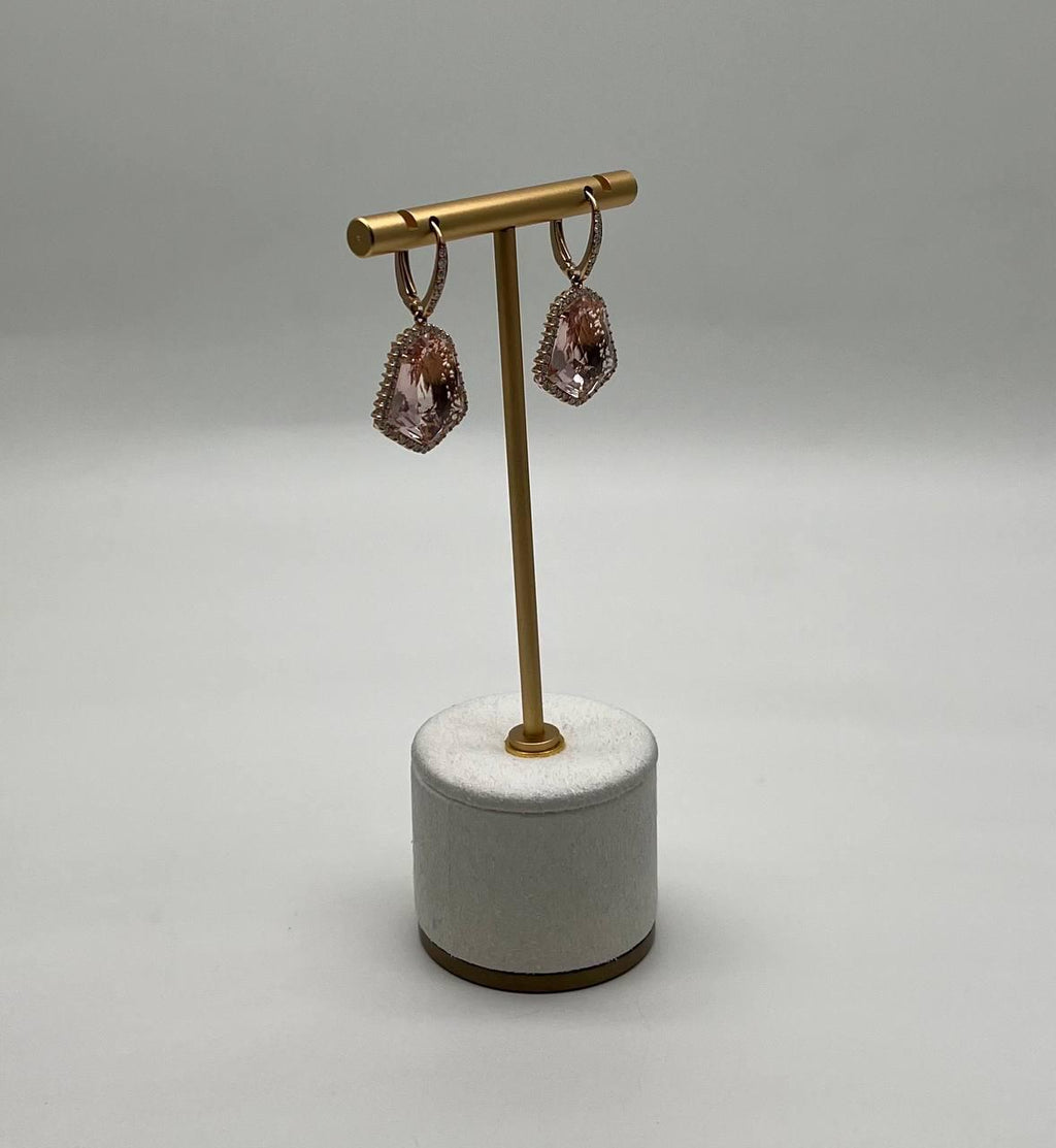Shield Kite Shape Peach Pink Morganite Diamond Halo 18K Rose Gold Fancy Earrings