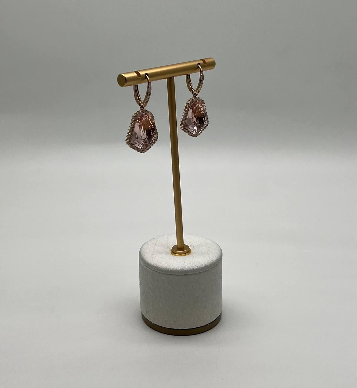shield kite shape peach pink morganite diamond halo 18k rose gold fancy earrings