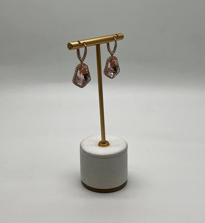 Shield Kite Shape Peach Pink Morganite Diamond Halo 18K Rose Gold Fancy Earrings