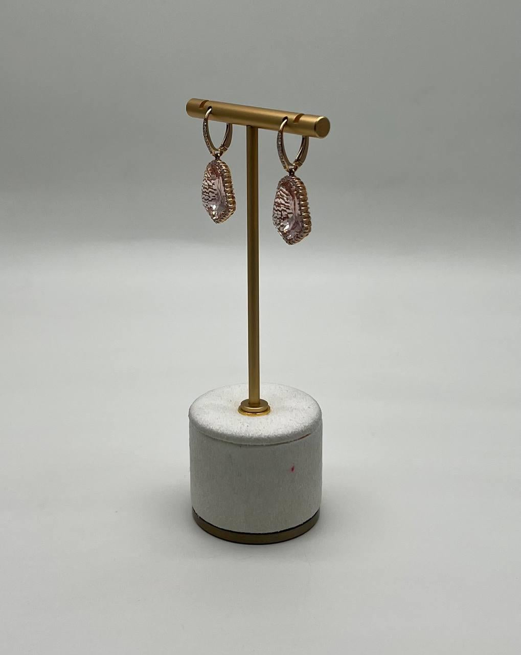 Shield Kite Shape Peach Pink Morganite Diamond Halo 18K Rose Gold Fancy Earrings