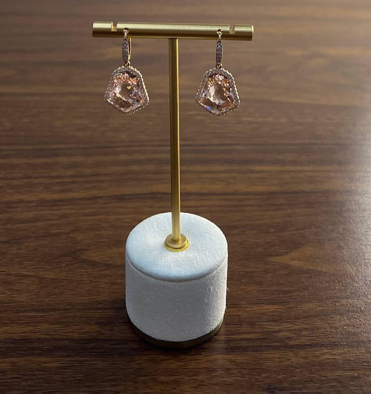 Shield Kite Shape Peach Pink Morganite Diamond Halo 18K Rose Gold Fancy Earrings