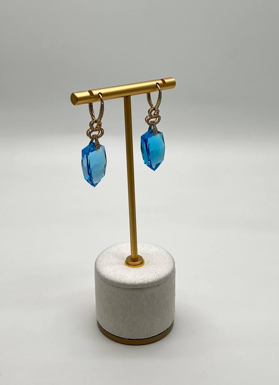 Shield Kite Shape Swiss Blue Topaz Diamond Accent 14K Yellow Gold Drop Earrings
