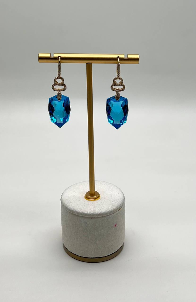 Shield Kite Shape Swiss Blue Topaz Diamond Accent 14K Yellow Gold Drop Earrings