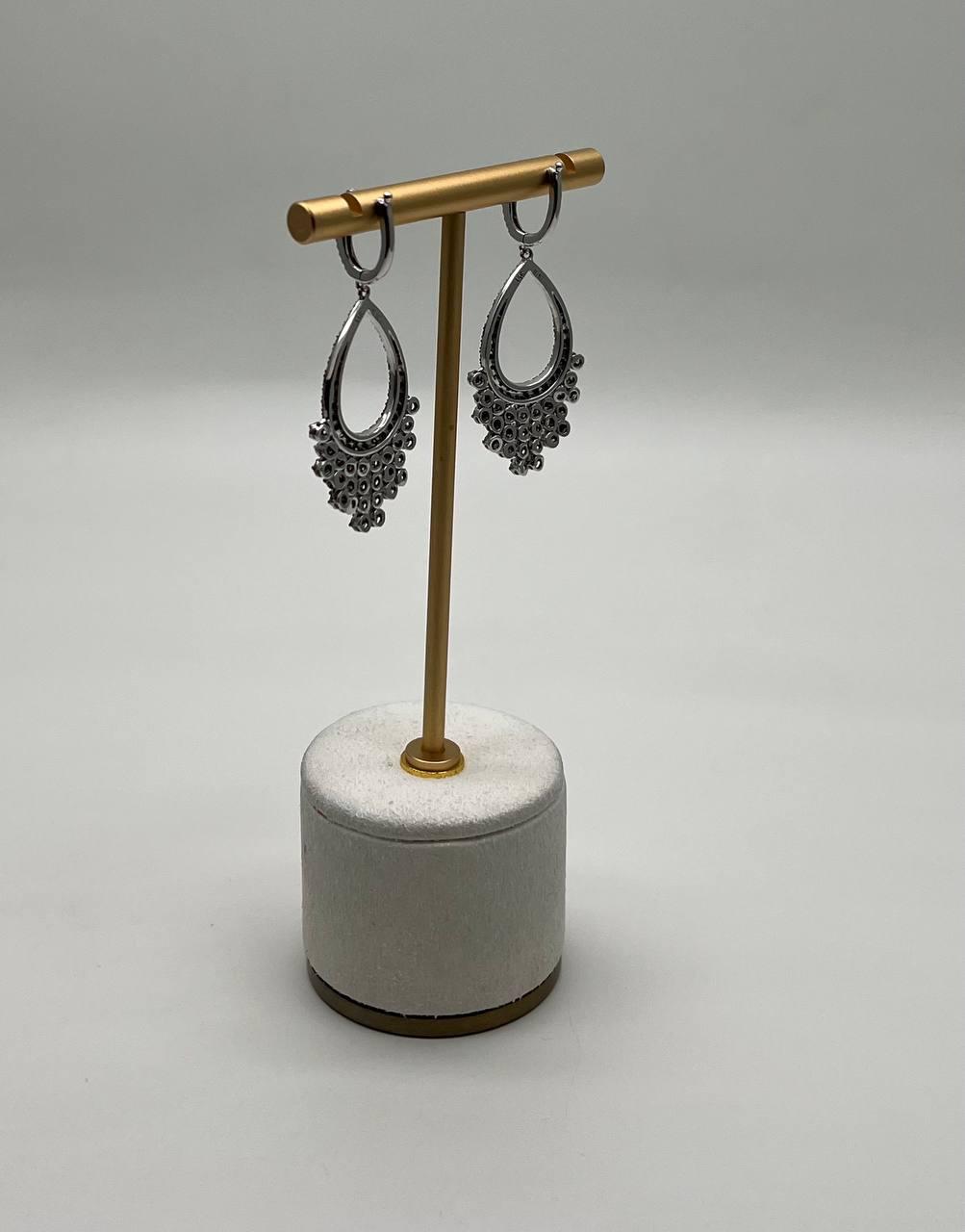 black & white diamonds pave set 14k white gold chandelier tassel dangle earrings