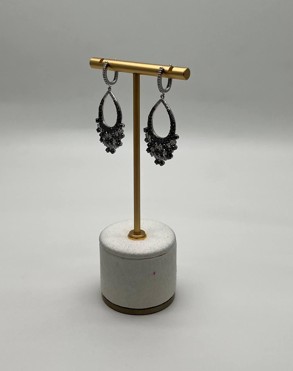 Black & White Diamonds Pave Set 14K White Gold Chandelier Tassel Dangle Earrings
