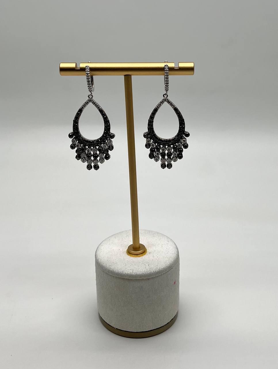 black & white diamonds pave set 14k white gold chandelier tassel dangle earrings