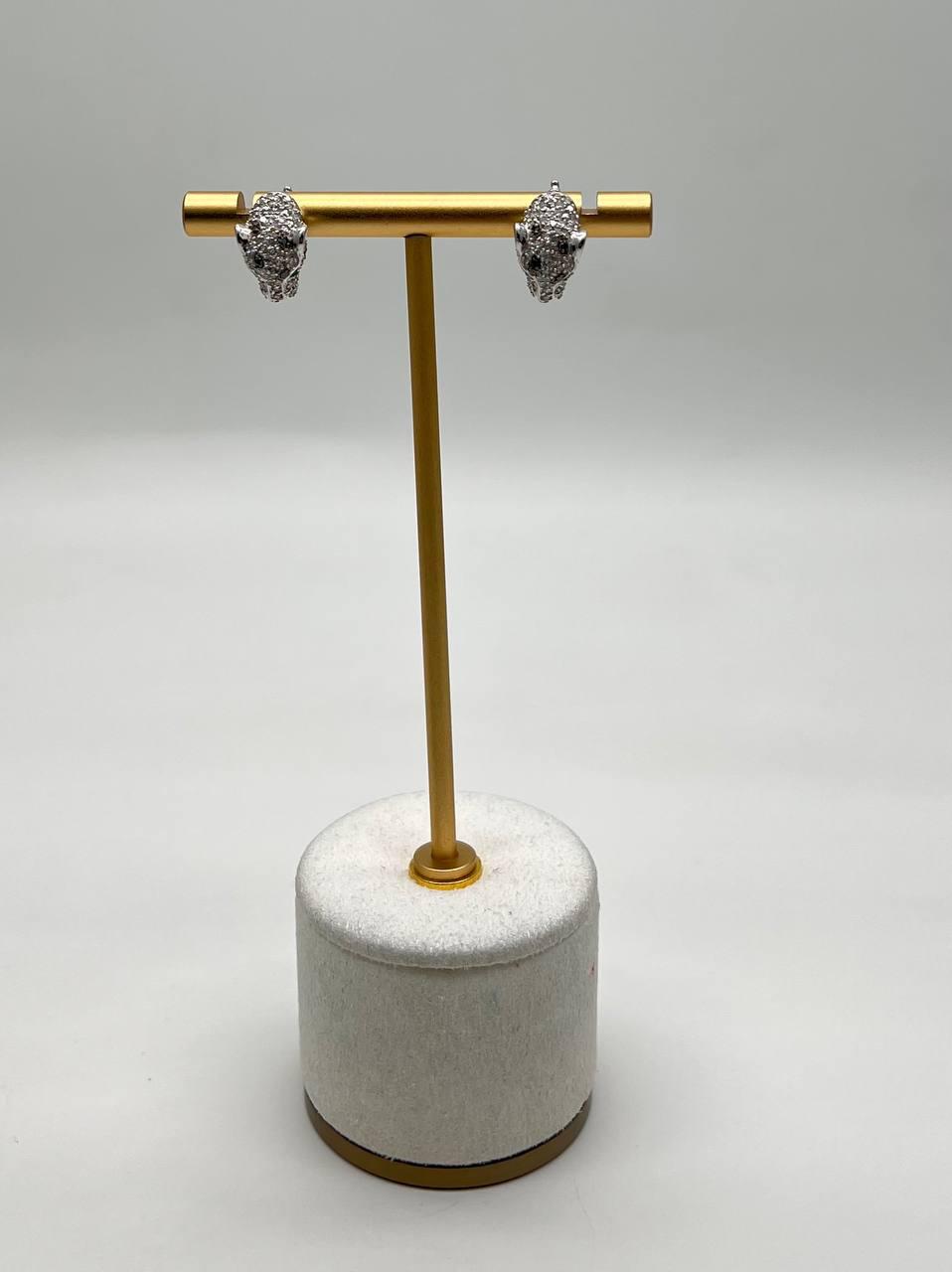 White Snow Leopard Panther Diamond Pave Set 14K White Gold Emerald Earrings