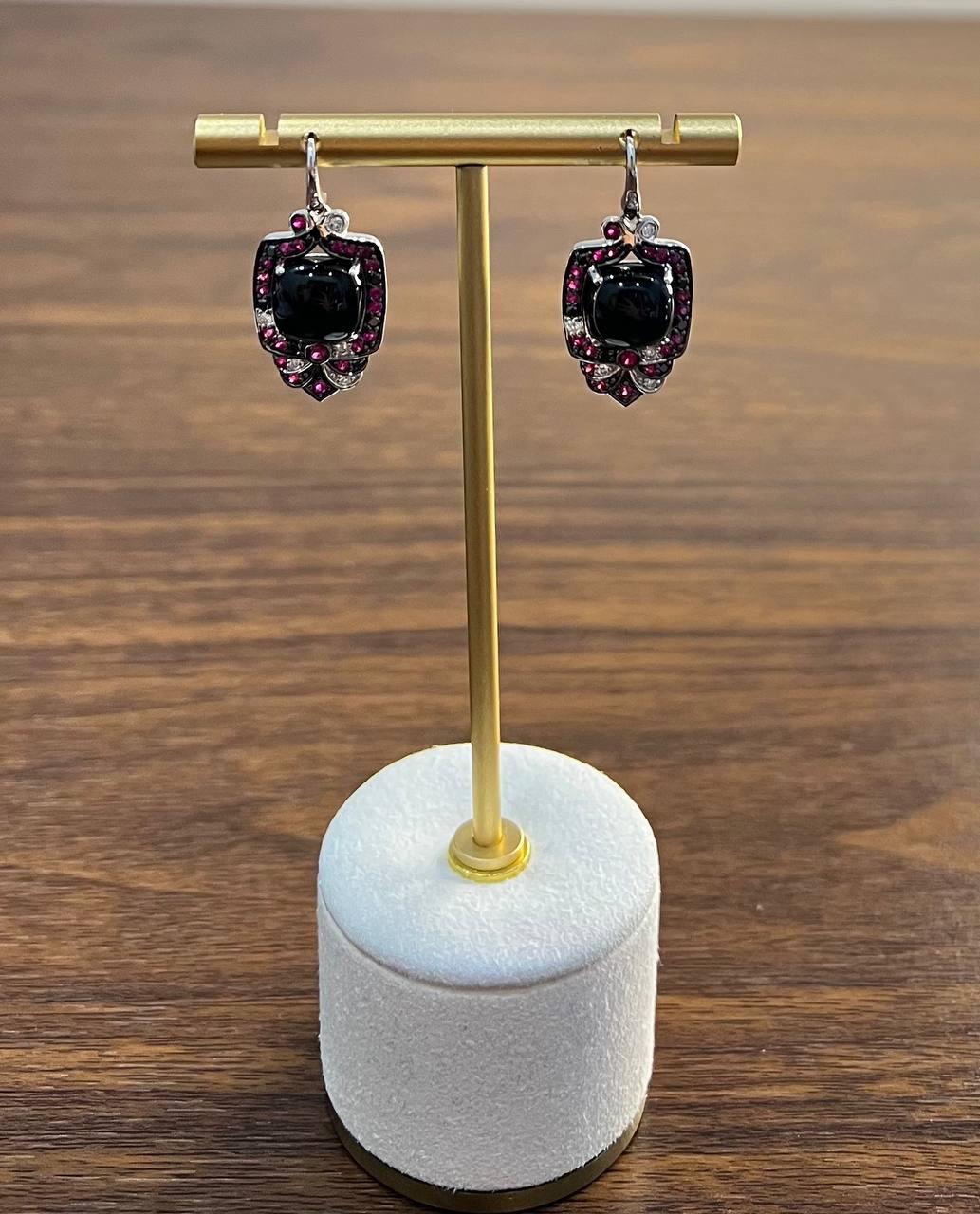Black Onyx Red Pink Ruby White Diamonds Halo Set 14K White Gold Earrings