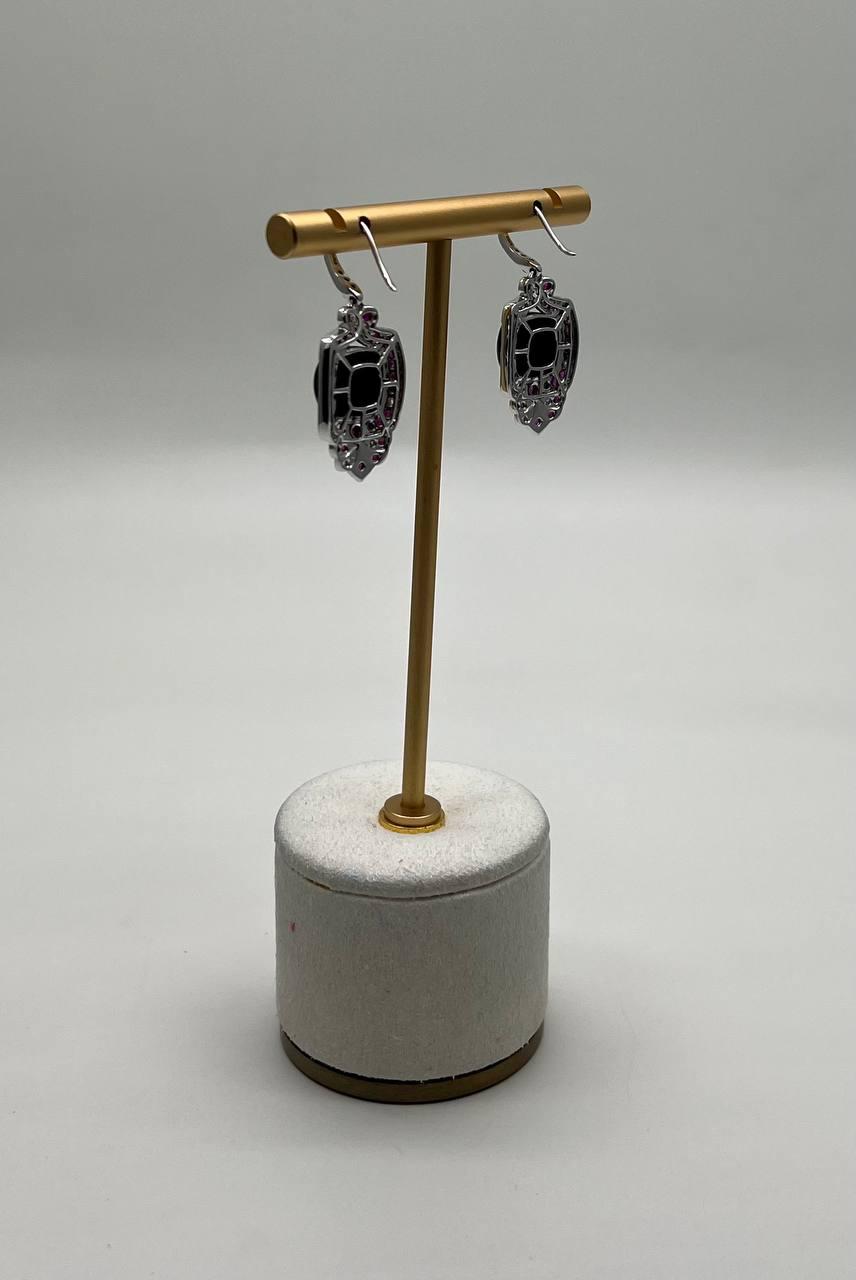 Black Onyx Red Pink Ruby White Diamonds Halo Set 14K White Gold Earrings