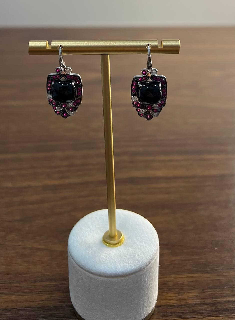 Black Onyx Red Pink Ruby White Diamonds Halo Set 14K White Gold Earrings