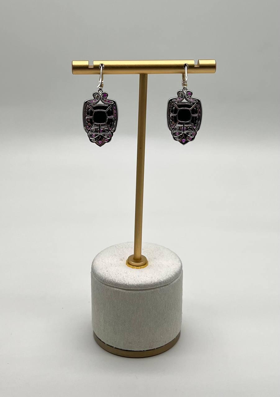 Black Onyx Red Pink Ruby White Diamonds Halo Set 14K White Gold Earrings