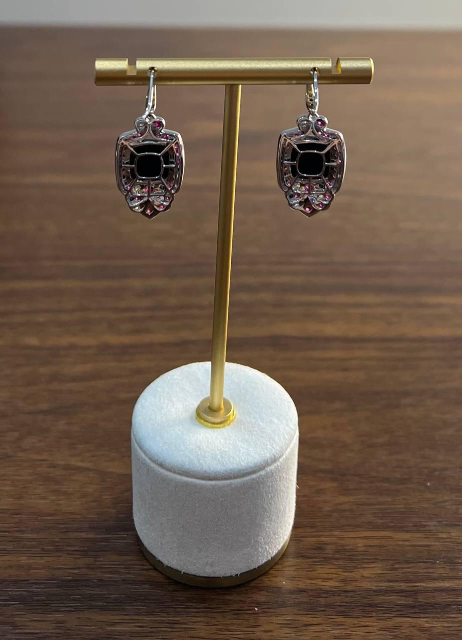 Black Onyx Red Pink Ruby White Diamonds Halo Set 14K White Gold Earrings