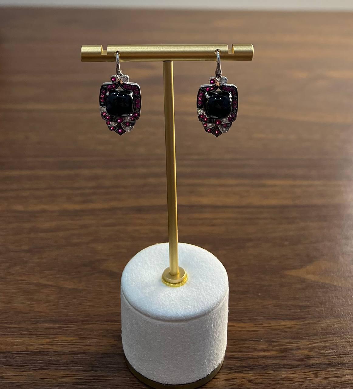 Black Onyx Red Pink Ruby White Diamonds Halo Set 14K White Gold Earrings