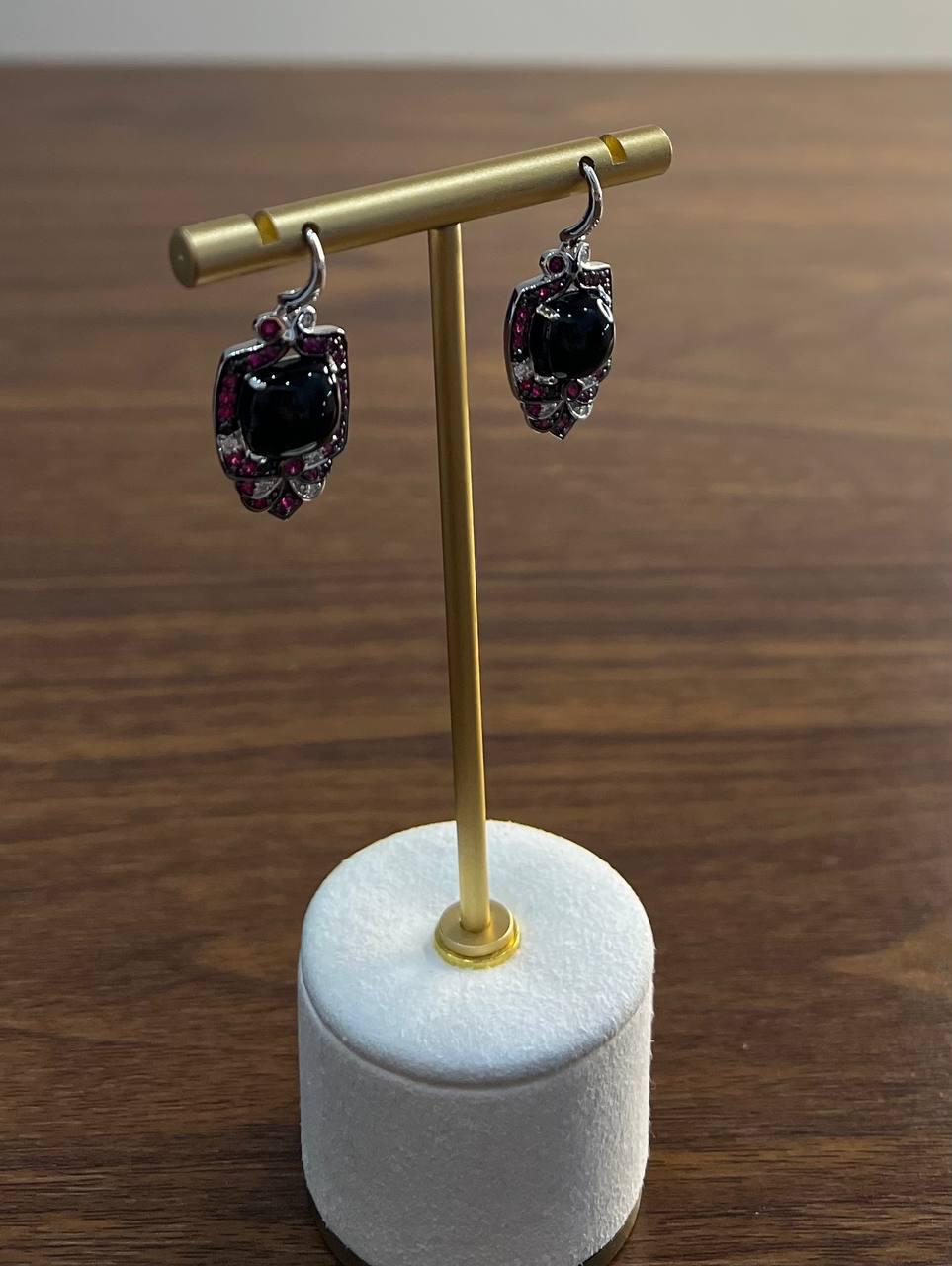 Black Onyx Red Pink Ruby White Diamonds Halo Set 14K White Gold Earrings
