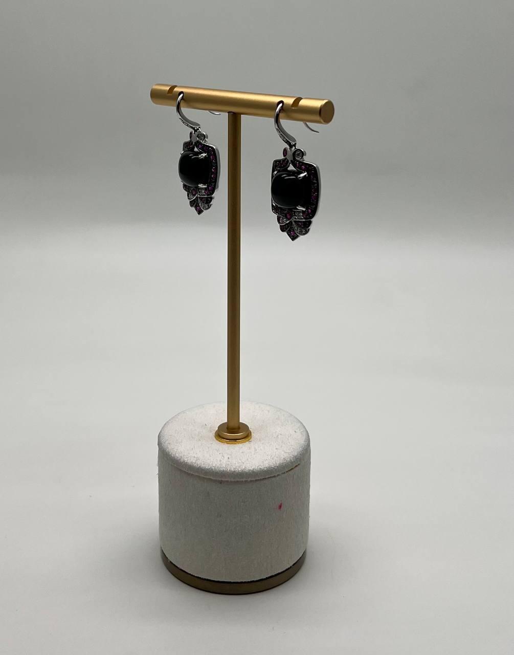 black onyx red pink ruby white diamonds halo set 14k white gold earrings