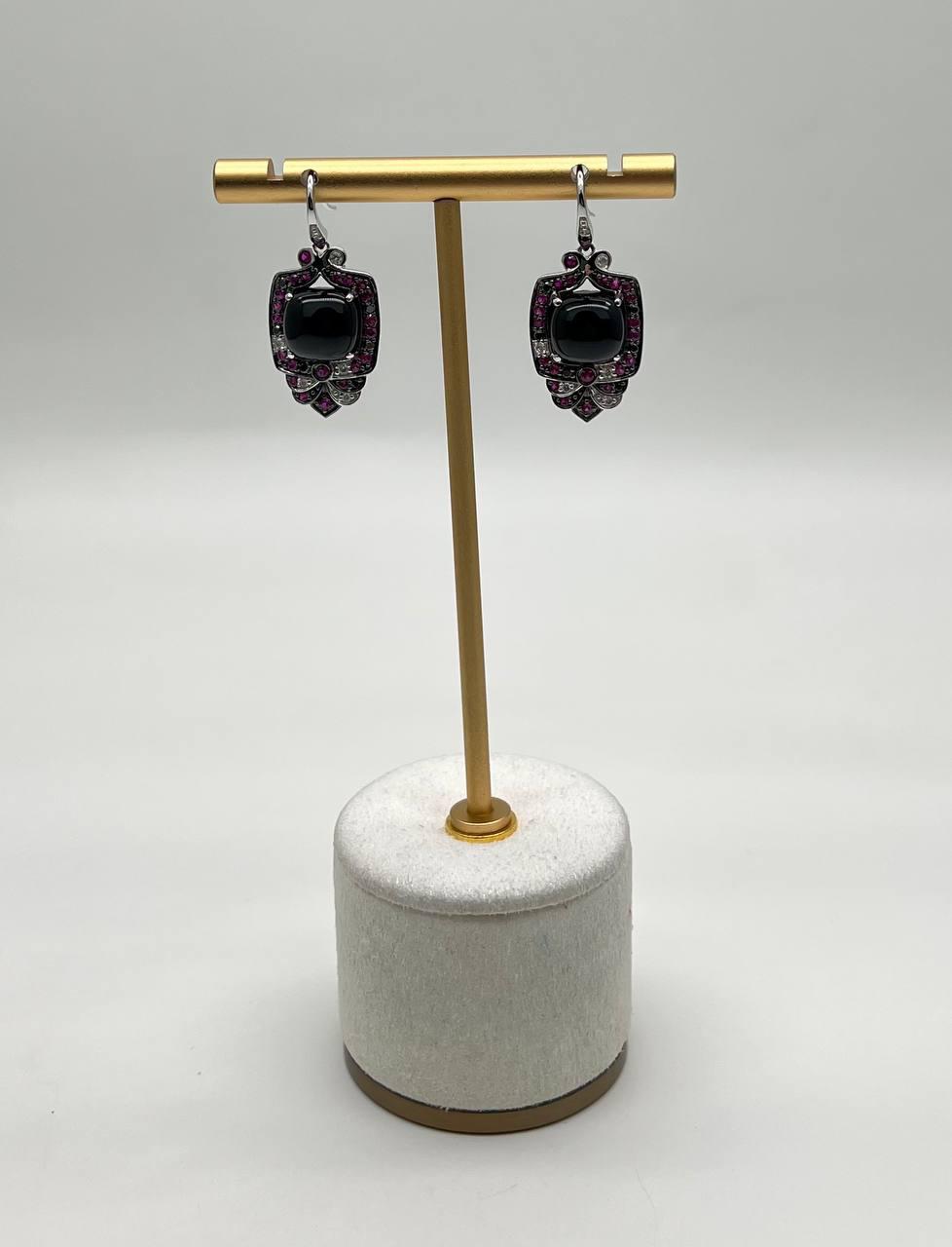 Black Onyx Red Pink Ruby White Diamonds Halo Set 14K White Gold Earrings