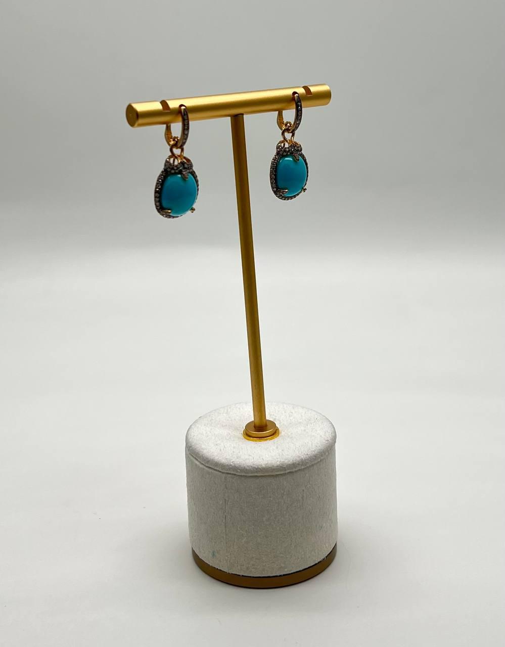Blue Teal Turquoise Diamonds Halo 14K Yellow Gold Statement Huggie Earrings