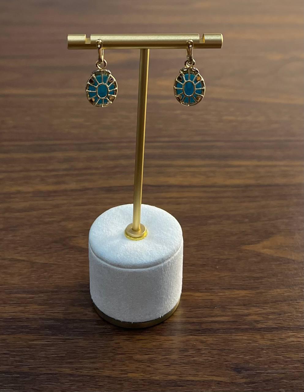 Blue Teal Turquoise Diamonds Halo 14K Yellow Gold Statement Huggie Earrings