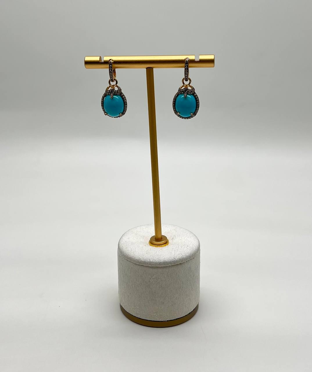 Blue Teal Turquoise Diamonds Halo 14K Yellow Gold Statement Huggie Earrings