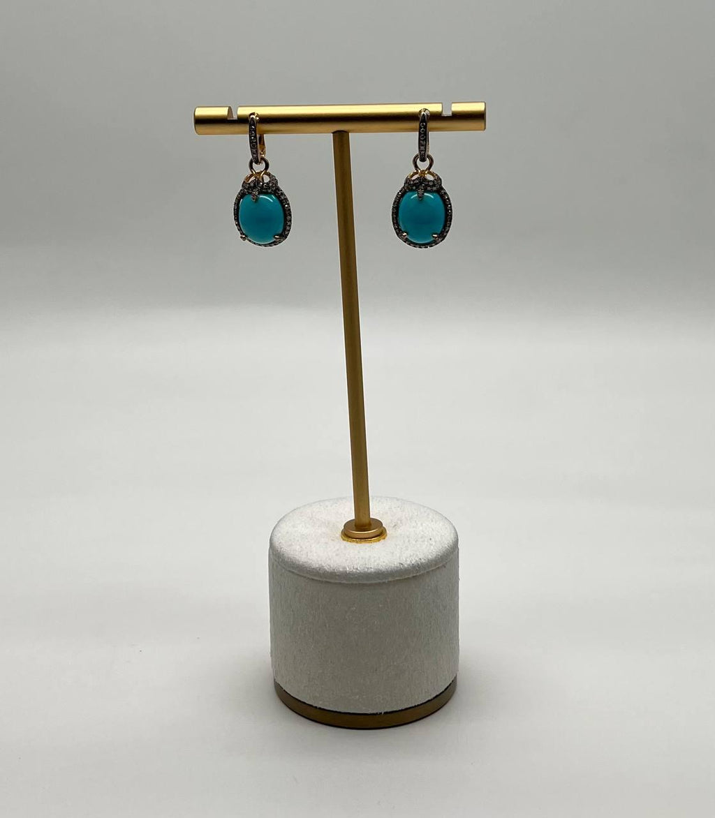 Blue Teal Turquoise Diamonds Halo 14K Yellow Gold Statement Huggie Earrings