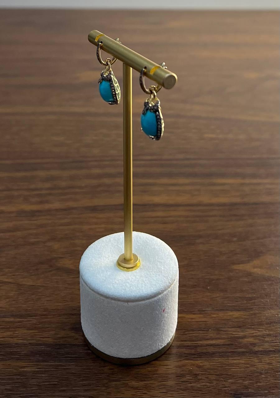 Blue Teal Turquoise Diamonds Halo 14K Yellow Gold Statement Huggie Earrings