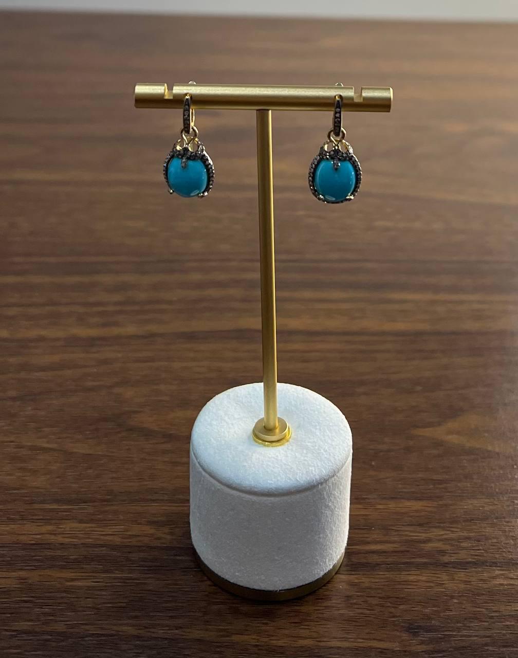 Blue Teal Turquoise Diamonds Halo 14K Yellow Gold Statement Huggie Earrings
