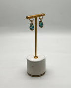 Blue Teal Turquoise Diamonds Halo 14K Yellow Gold Statement Huggie Earrings