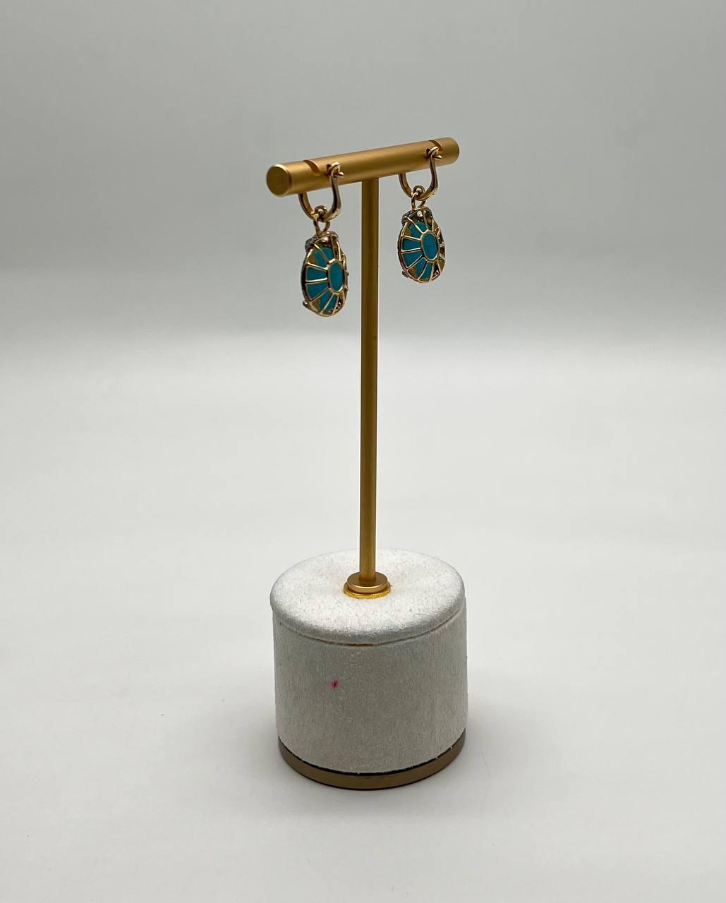 Blue Teal Turquoise Diamonds Halo 14K Yellow Gold Statement Huggie Earrings
