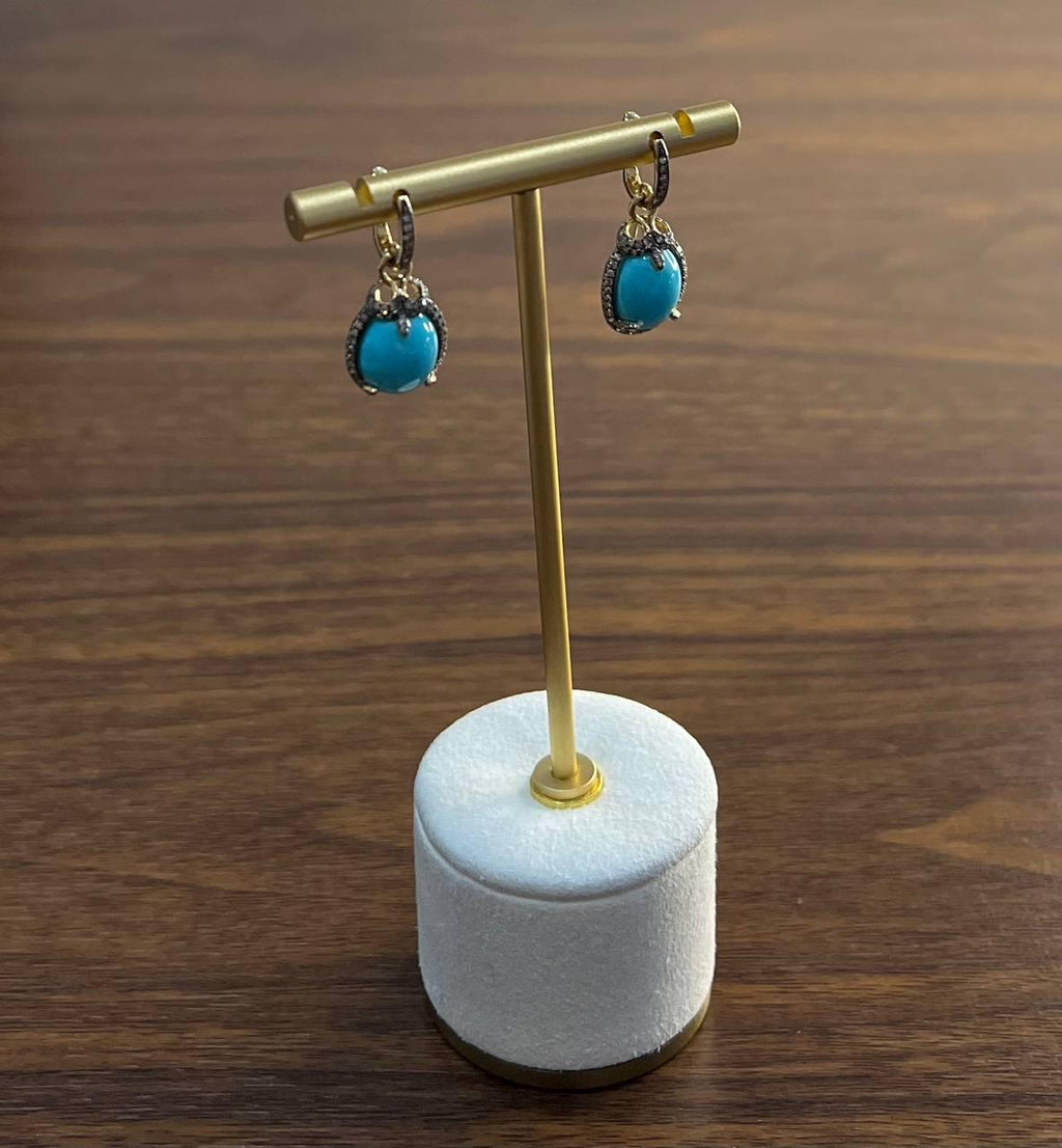 Blue Teal Turquoise Diamonds Halo 14K Yellow Gold Statement Huggie Earrings