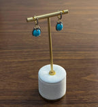 Blue Teal Turquoise Diamonds Halo 14K Yellow Gold Statement Huggie Earrings