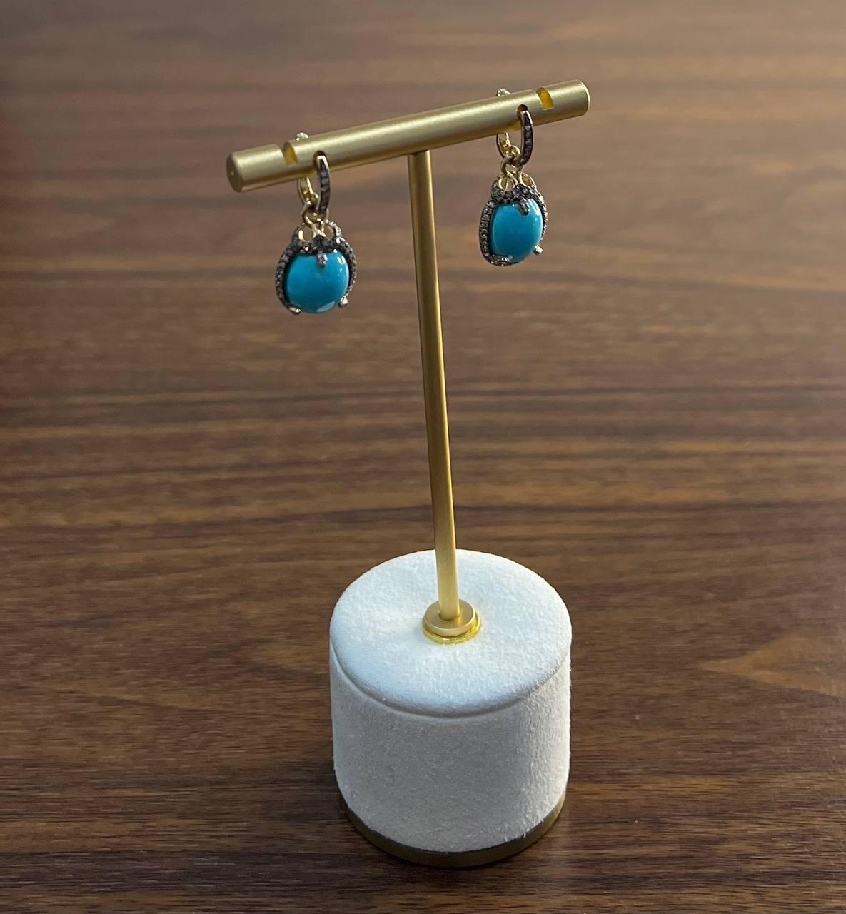 Blue Teal Turquoise Diamonds Halo 14K Yellow Gold Statement Huggie Earrings
