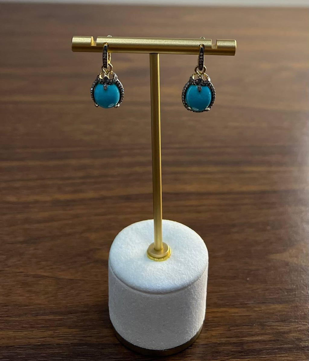 Blue Teal Turquoise Diamonds Halo 14K Yellow Gold Statement Huggie Earrings