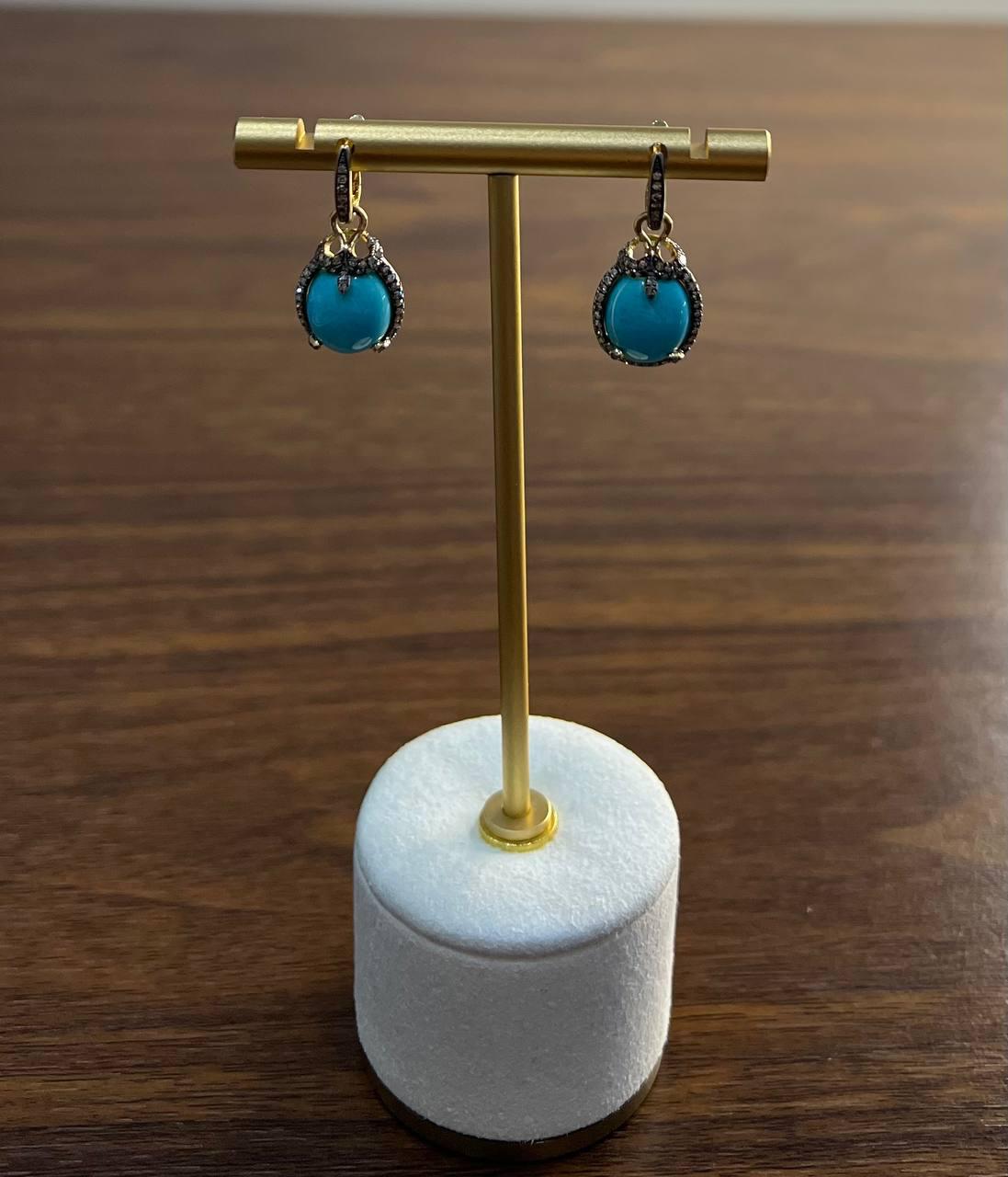 Blue Teal Turquoise Diamonds Halo 14K Yellow Gold Statement Huggie Earrings