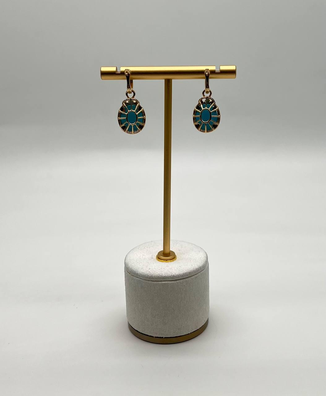 Blue Teal Turquoise Diamonds Halo 14K Yellow Gold Statement Huggie Earrings