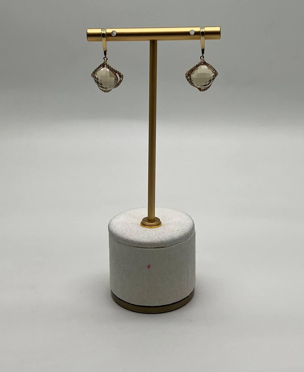 Lemon Quartz Checkerboard Diamond Halo 14K Yellow Gold Statement Earrings